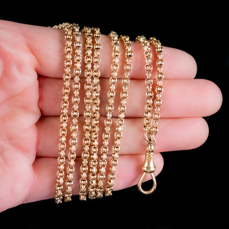 ANTIQUE VICTORIAN LONG GUARD CHAIN NECKLACE 18CT GOLD CIRCA 1880