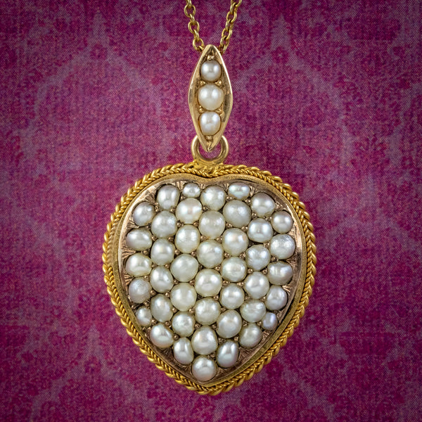 ANTIQUE VICTORIAN NATURAL PEARL HEART PENDANT NECKLACE 18CT GOLD CIRCA 1880