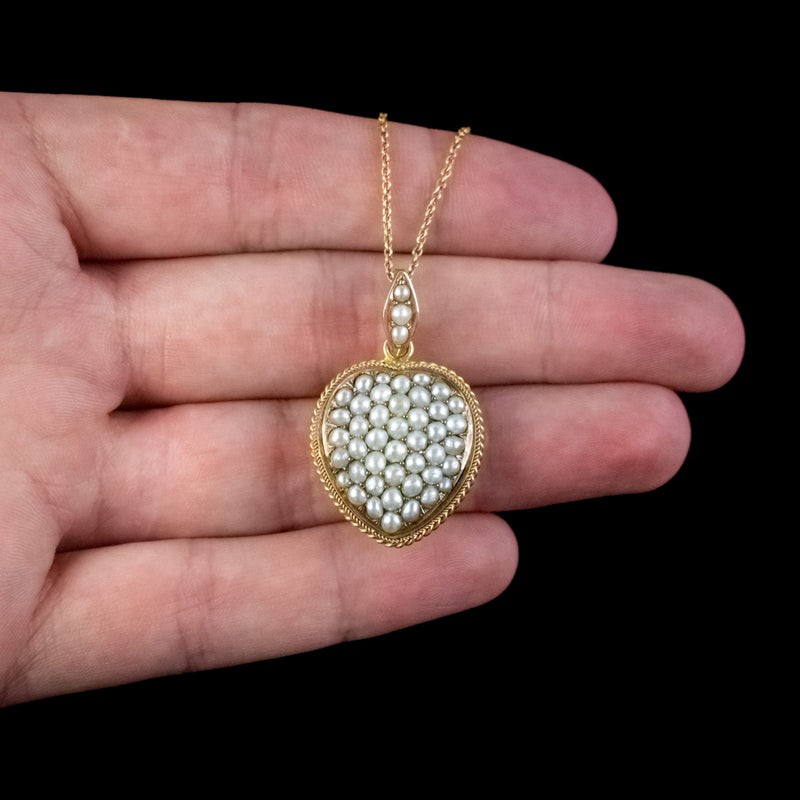 ANTIQUE VICTORIAN NATURAL PEARL HEART PENDANT NECKLACE 18CT GOLD CIRCA 1880
