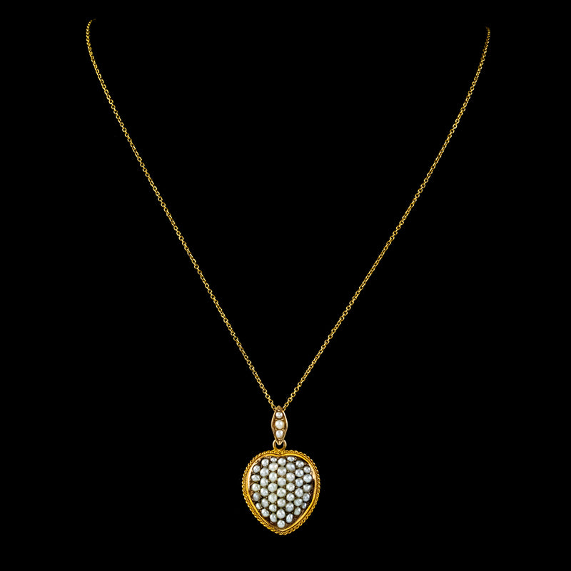 ANTIQUE VICTORIAN NATURAL PEARL HEART PENDANT NECKLACE 18CT GOLD CIRCA 1880