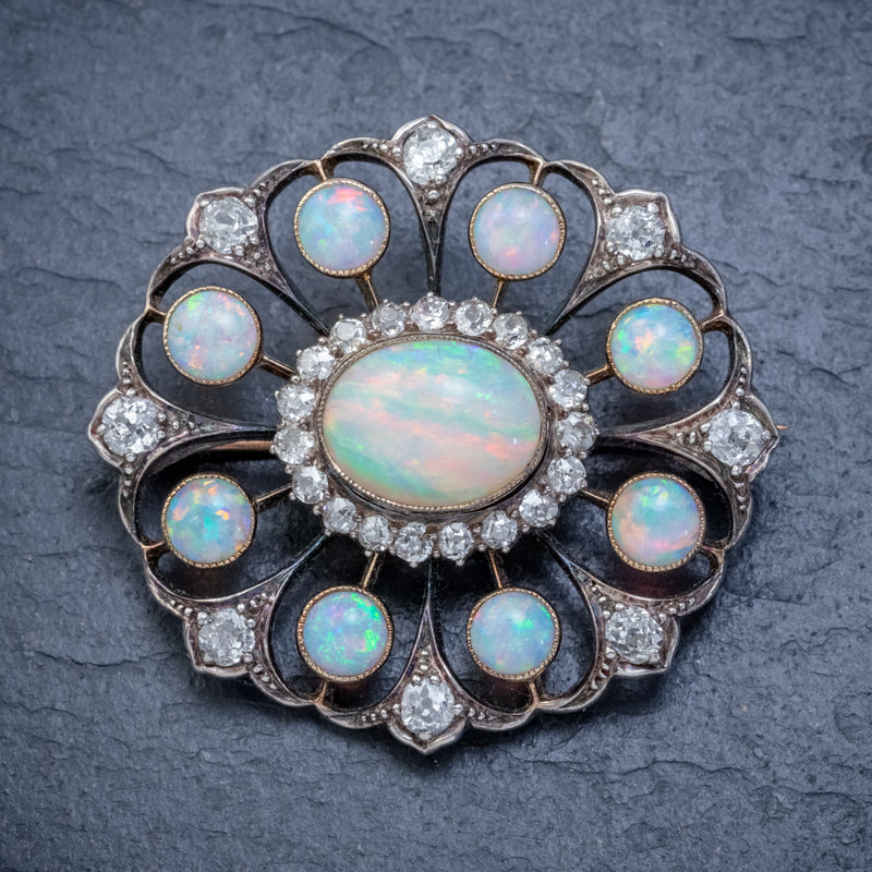 ANTIQUE VICTORIAN OPAL DIAMOND BROOCH NATURAL 5.1CT OPALS CIRCA 1900 FRONT