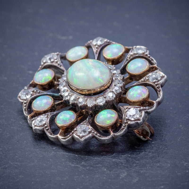 ANTIQUE VICTORIAN OPAL DIAMOND BROOCH NATURAL 5.1CT OPALS CIRCA 1900 SIDE