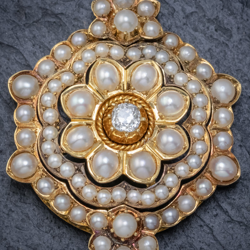 ANTIQUE VICTORIAN PEARL DIAMOND FLOWER PENDANT 18CT GOLD CIRCA 1900 CLOSE