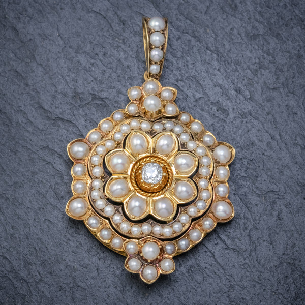 ANTIQUE VICTORIAN PEARL DIAMOND FLOWER PENDANT 18CT GOLD CIRCA 1900 FRONT