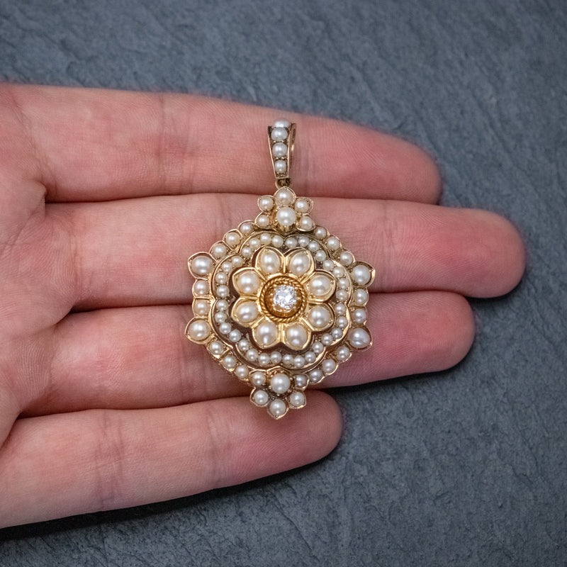 ANTIQUE VICTORIAN PEARL DIAMOND FLOWER PENDANT 18CT GOLD CIRCA 1900 HAND