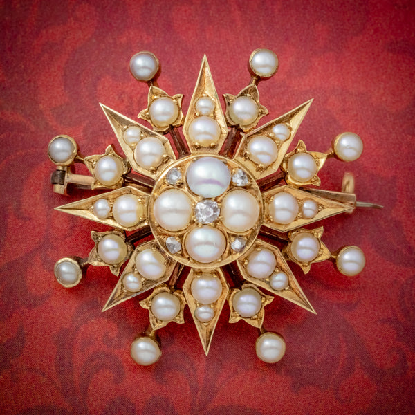 ANTIQUE VICTORIAN PEARL DIAMOND STAR BROOCH 18CT GOLD CIRCA 1900 COVER
