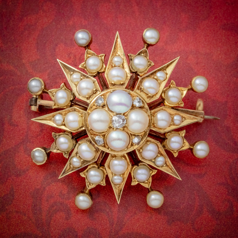 ANTIQUE VICTORIAN PEARL DIAMOND STAR BROOCH 18CT GOLD CIRCA 1900 COVER