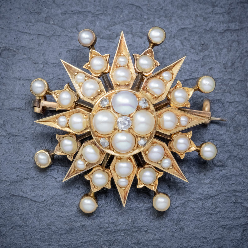 ANTIQUE VICTORIAN PEARL DIAMOND STAR BROOCH 18CT GOLD CIRCA 1900 FRONT