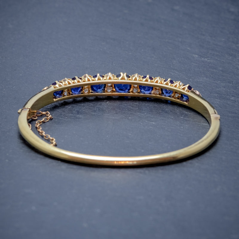 ANTIQUE VICTORIAN SAPPHIRE DIAMOND BANGLE 18CT GOLD 5.46CT OF NATURAL SAPPHIRE WITH CERT BACK