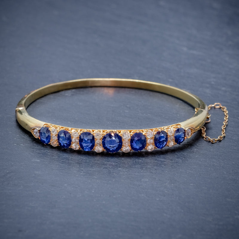 ANTIQUE VICTORIAN SAPPHIRE DIAMOND BANGLE 18CT GOLD 5.46CT OF NATURAL SAPPHIRE WITH CERT FRONT