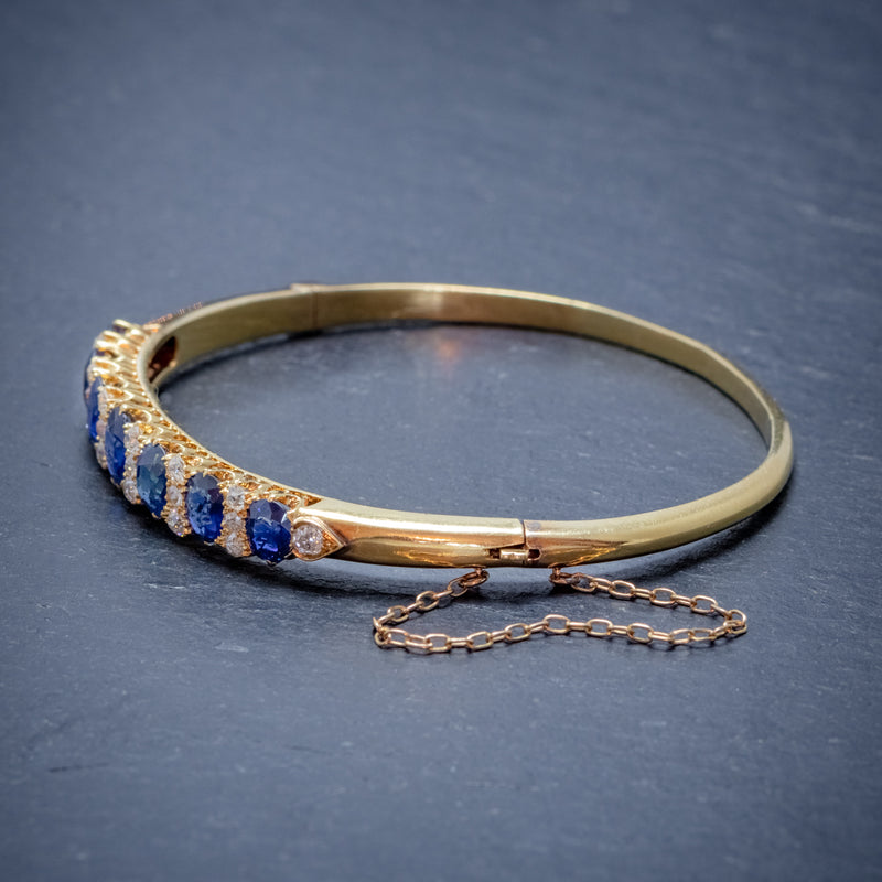 ANTIQUE VICTORIAN SAPPHIRE DIAMOND BANGLE 18CT GOLD 5.46CT OF NATURAL SAPPHIRE WITH CERT SIDE