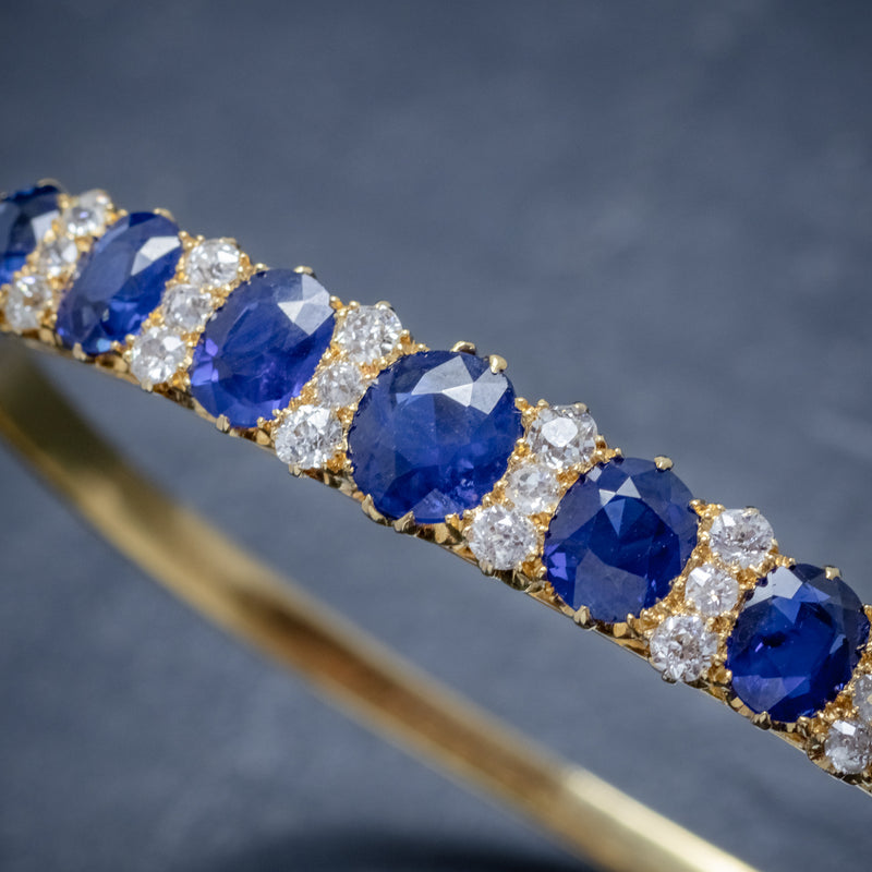 ANTIQUE VICTORIAN SAPPHIRE DIAMOND BANGLE 18CT GOLD 5.46CT OF NATURAL SAPPHIRE WITH CERT STONES