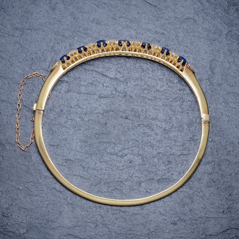 ANTIQUE VICTORIAN SAPPHIRE DIAMOND BANGLE 18CT GOLD 5.46CT OF NATURAL SAPPHIRE WITH CERT TOP