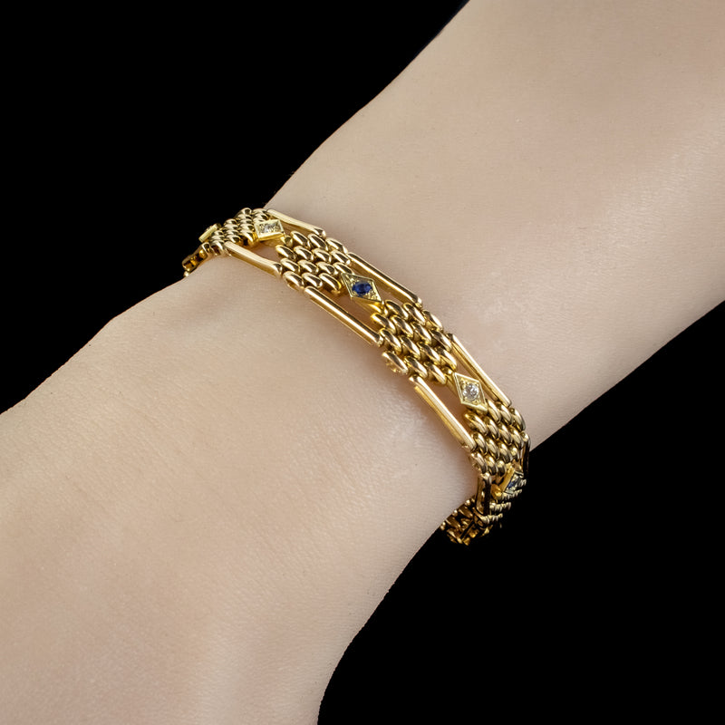 ANTIQUE VICTORIAN SAPPHIRE DIAMOND GATE BRACELET 15CT GOLD CIRCA 1900