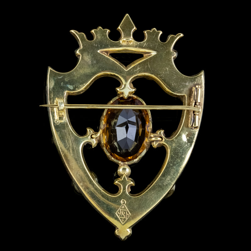 ANTIQUE VICTORIAN SCOTTISH CAIRNGORM SHIELD BROOCH SILVER 18CT GOLD GILT DATED 1862 BACK