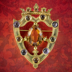 ANTIQUE VICTORIAN SCOTTISH CAIRNGORM SHIELD BROOCH SILVER 18CT GOLD GILT DATED 1862 COVER