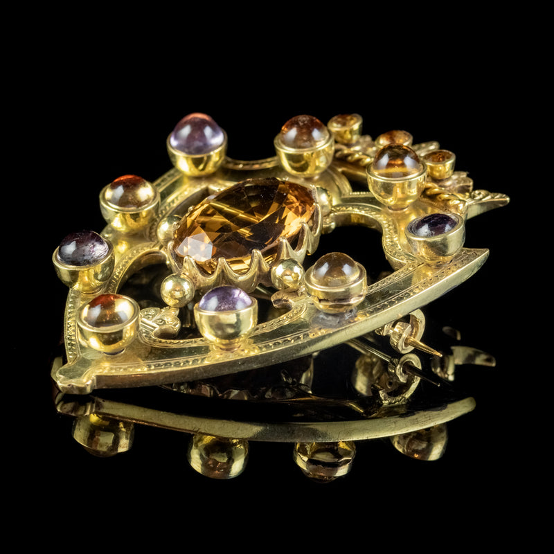 ANTIQUE VICTORIAN SCOTTISH CAIRNGORM SHIELD BROOCH SILVER 18CT GOLD GILT DATED 1862 SIDE