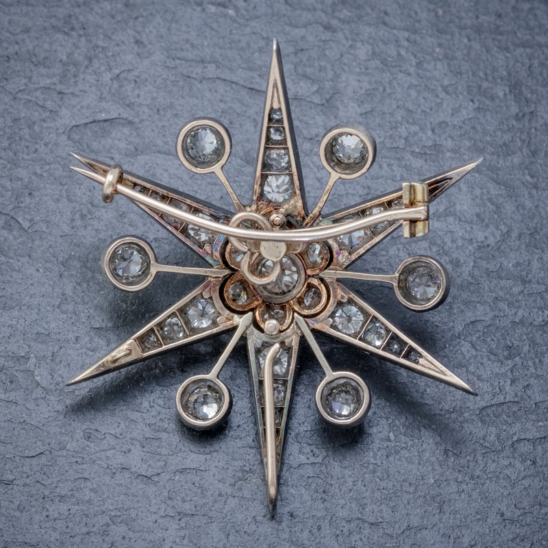 ANTIQUE VICTORIAN STAR BROOCH PENDANT 18CT GOLD SILVER 4.30CT DIAMONDS BOXED CIRCA 1900 BACK