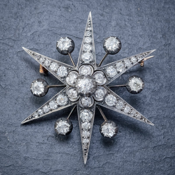 ANTIQUE VICTORIAN STAR BROOCH PENDANT 18CT GOLD SILVER 4.30CT DIAMONDS BOXED CIRCA 1900 FRONT