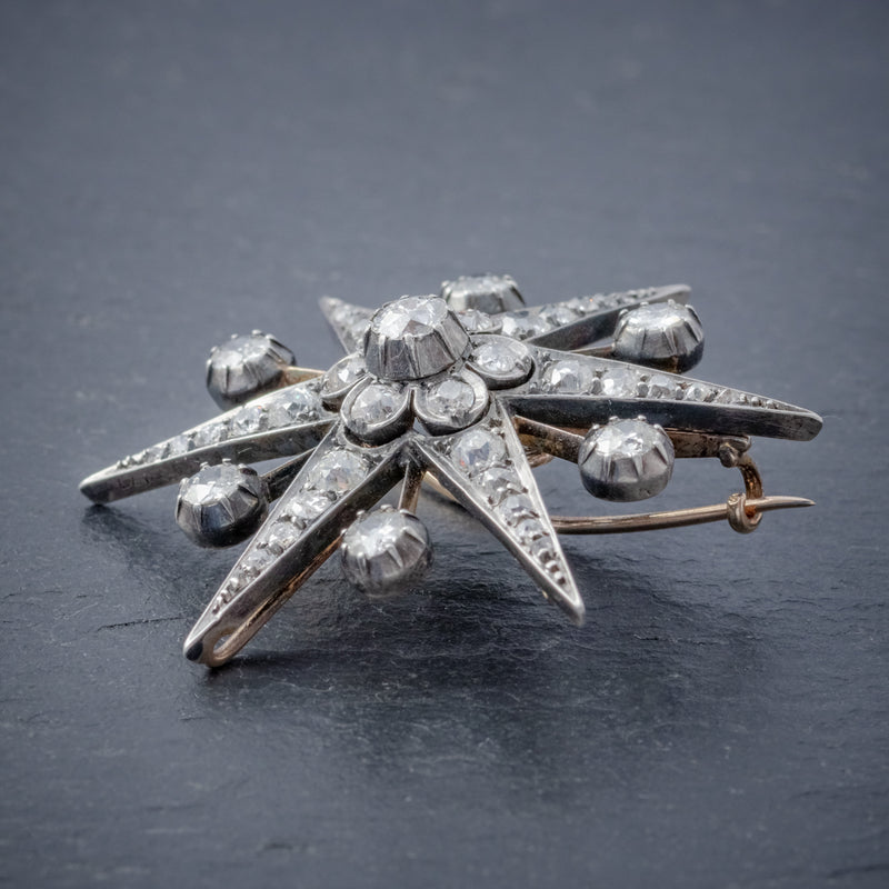 ANTIQUE VICTORIAN STAR BROOCH PENDANT 18CT GOLD SILVER 4.30CT DIAMONDS BOXED CIRCA 1900 SIDE