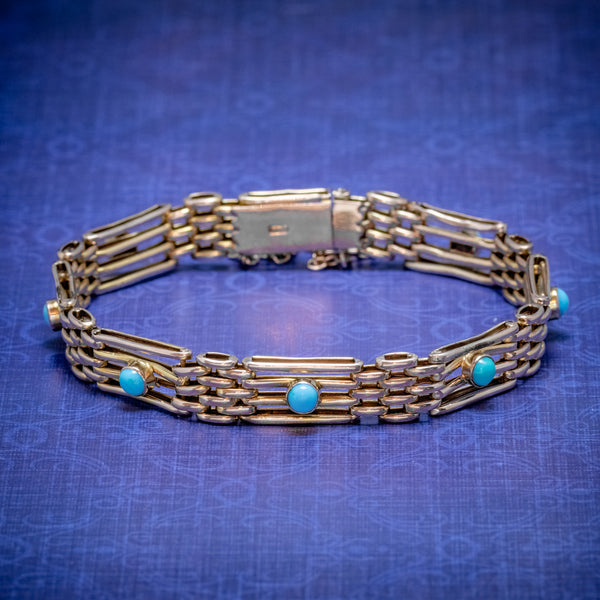 ANTIQUE VICTORIAN TURQUOISE GATE BRACELET 9CT GOLD CIRCA 1900 COVER