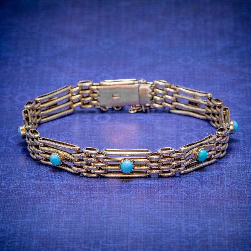 ANTIQUE VICTORIAN TURQUOISE GATE BRACELET 9CT GOLD CIRCA 1900 COVER