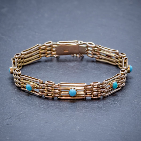 ANTIQUE VICTORIAN TURQUOISE GATE BRACELET 9CT GOLD CIRCA 1900 FRONT