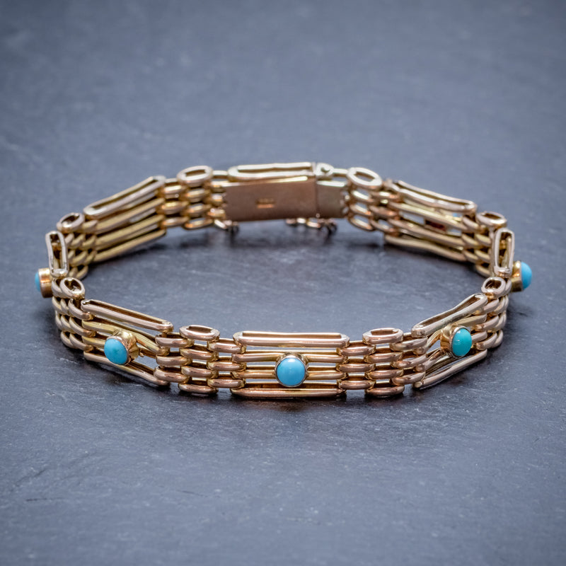 ANTIQUE VICTORIAN TURQUOISE GATE BRACELET 9CT GOLD CIRCA 1900 FRONT