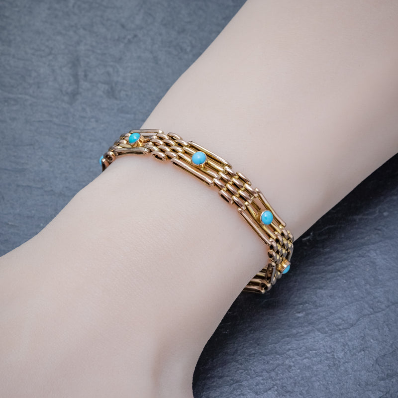 ANTIQUE VICTORIAN TURQUOISE GATE BRACELET 9CT GOLD CIRCA 1900 HAND
