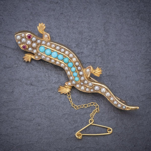 ANTIQUE VICTORIAN TURQUOISE PEARL SALAMANDER BROOCH 15CT GOLD CIRCA 1890 FRONT