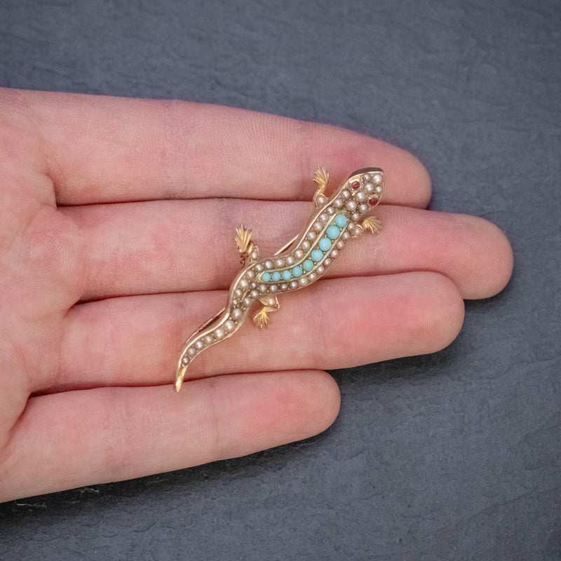 ANTIQUE VICTORIAN TURQUOISE PEARL SALAMANDER BROOCH 15CT GOLD CIRCA 1890 HAND