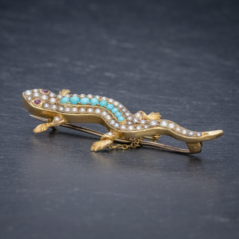 ANTIQUE VICTORIAN TURQUOISE PEARL SALAMANDER BROOCH 15CT GOLD CIRCA 1890 SIDE