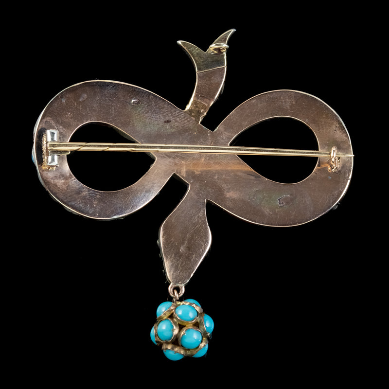 Antique Victorian Turquoise Snake Brooch Garnet Eyes Silver 18Ct Gold Circa 1850