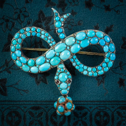 Antique Victorian Turquoise Snake Brooch Garnet Eyes Silver 18Ct Gold Circa 1850