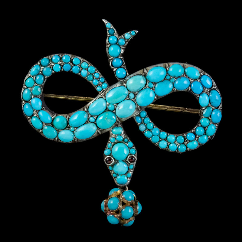 Antique Victorian Turquoise Snake Brooch Garnet Eyes Silver 18Ct Gold Circa 1850