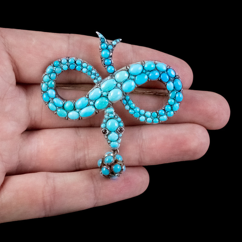 Antique Victorian Turquoise Snake Brooch Garnet Eyes Silver 18Ct Gold Circa 1850