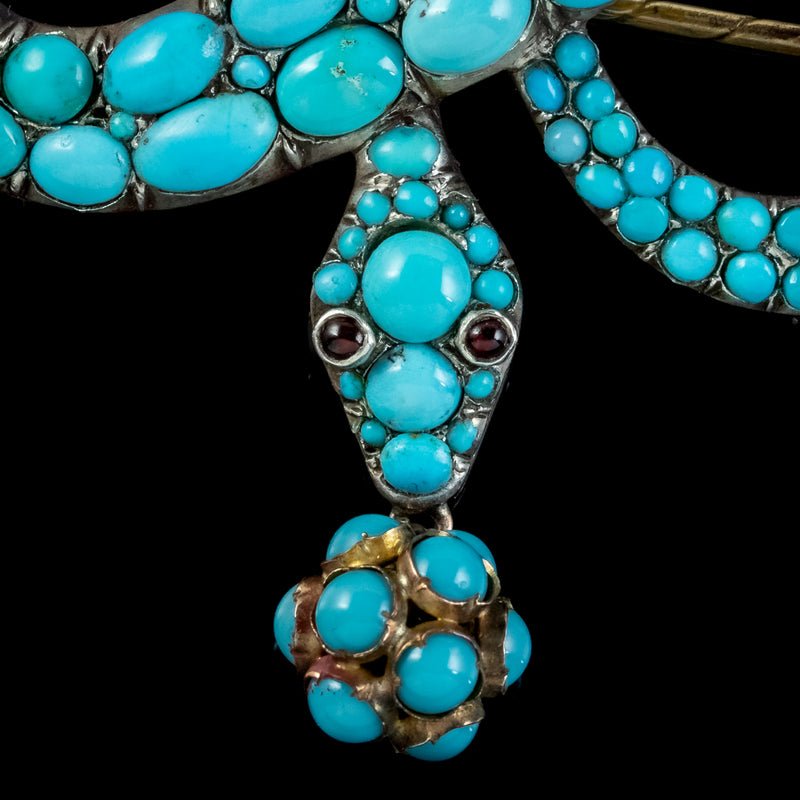 Antique Victorian Turquoise Snake Brooch Garnet Eyes Silver 18Ct Gold Circa 1850