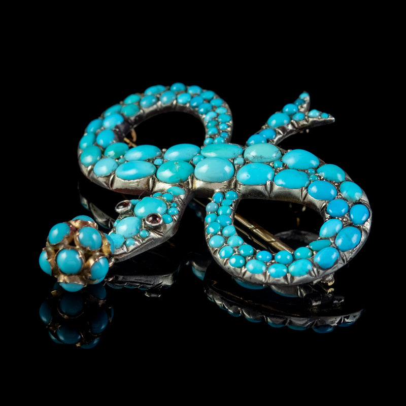 Antique Victorian Turquoise Snake Brooch Garnet Eyes Silver 18Ct Gold Circa 1850
