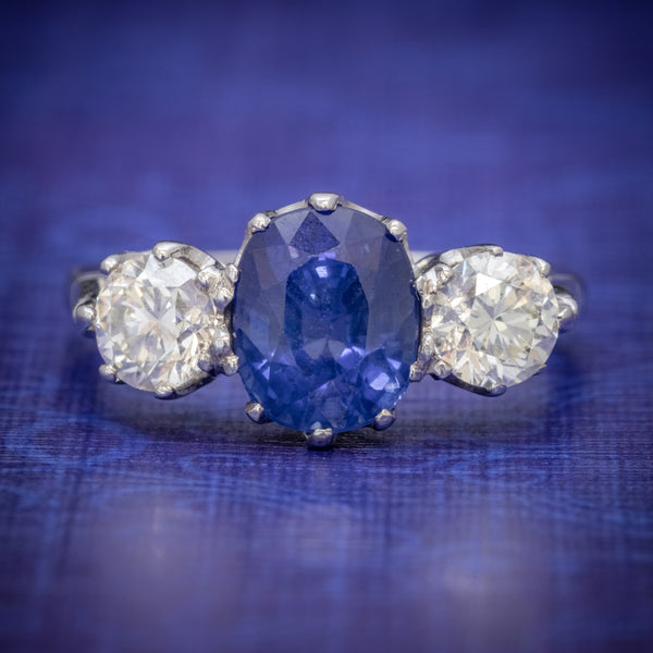 ANTIQUE EDWARDIAN 2.40CT SAPPHIRE DIAMOND TRILOGY RING PLATINUM CIRCA 1915 COVER