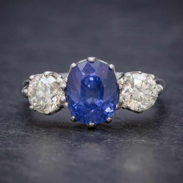 ANTIQUE EDWARDIAN 2.40CT SAPPHIRE DIAMOND TRILOGY RING PLATINUM CIRCA 1915 FRONT