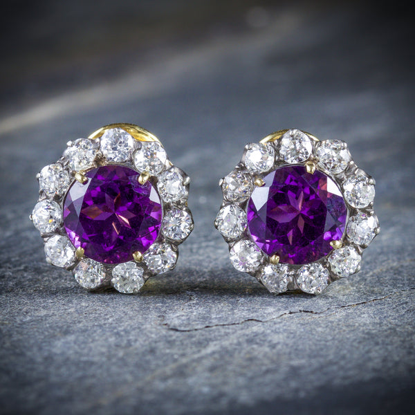 ANTIQUE EDWARDIAN AMETHYST DIAMOND EARRINGS 18CT GOLD CIRCA 1910 FRONT