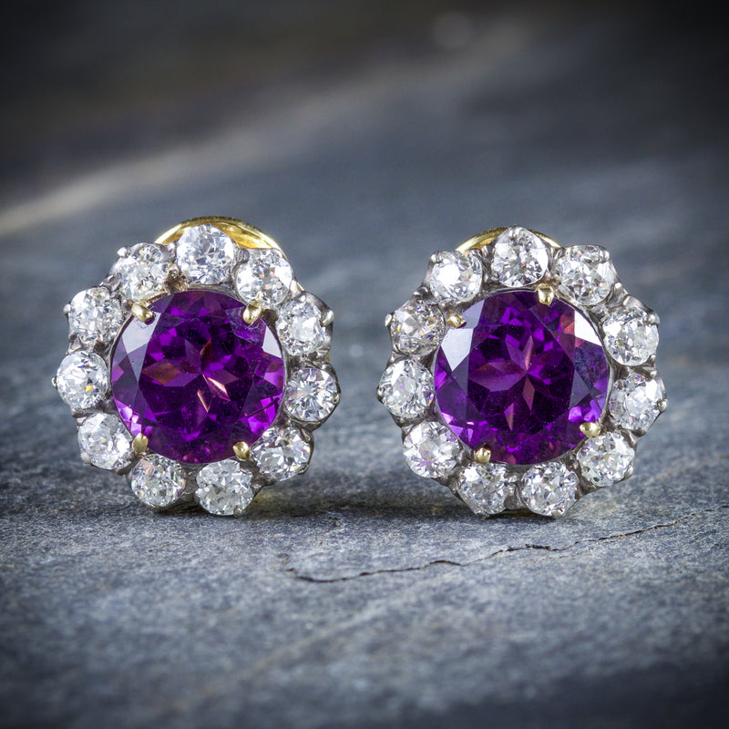 ANTIQUE EDWARDIAN AMETHYST DIAMOND EARRINGS 18CT GOLD CIRCA 1910 FRONT