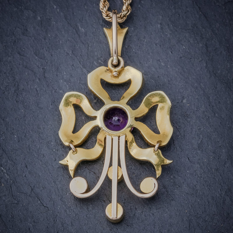Antique Edwardian Amethyst Pearl Pendant Necklace 15ct Gold Circa 1910 back