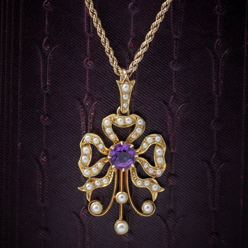 Antique Edwardian Amethyst Pearl Pendant Necklace 15ct Gold Circa 1910 cover