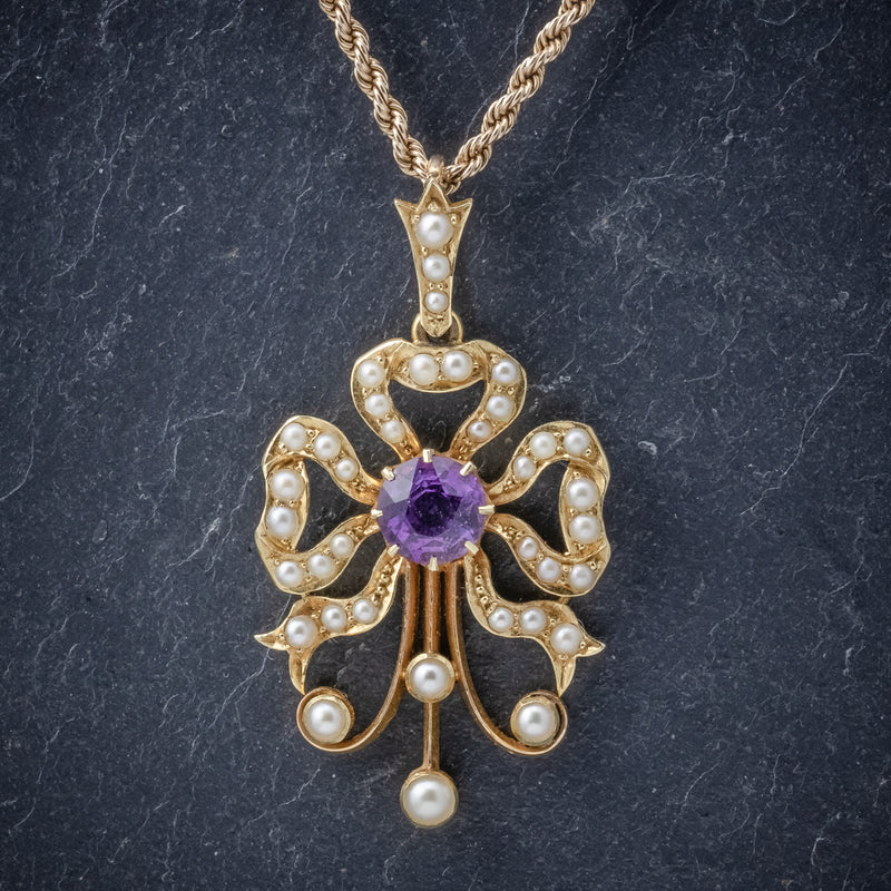 Antique Edwardian Amethyst Pearl Pendant Necklace 15ct Gold Circa 1910 front