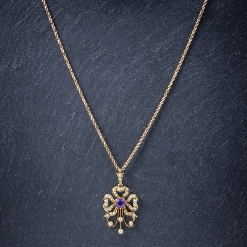 Antique Edwardian Amethyst Pearl Pendant Necklace 15ct Gold Circa 1910 neck