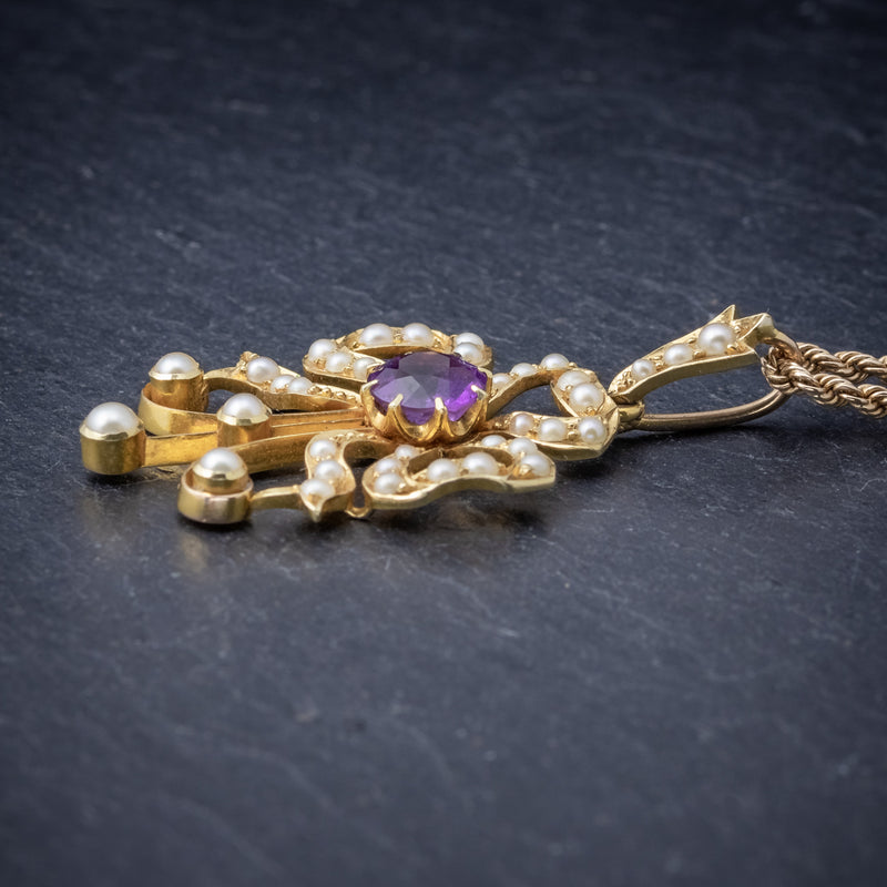 Antique Edwardian Amethyst Pearl Pendant Necklace 15ct Gold Circa 1910 side
