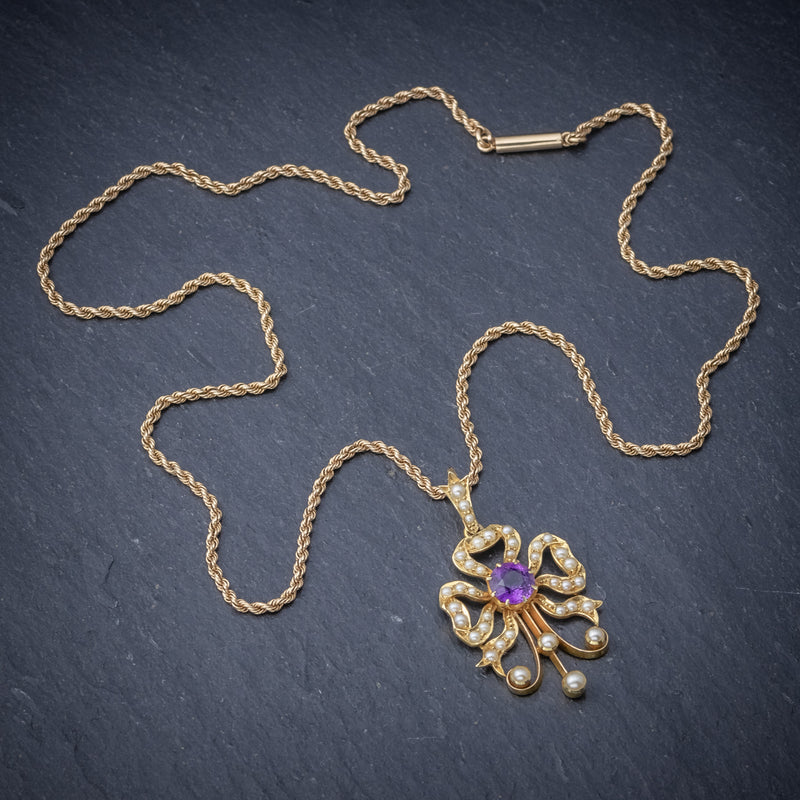 Antique Edwardian Amethyst Pearl Pendant Necklace 15ct Gold Circa 1910 top