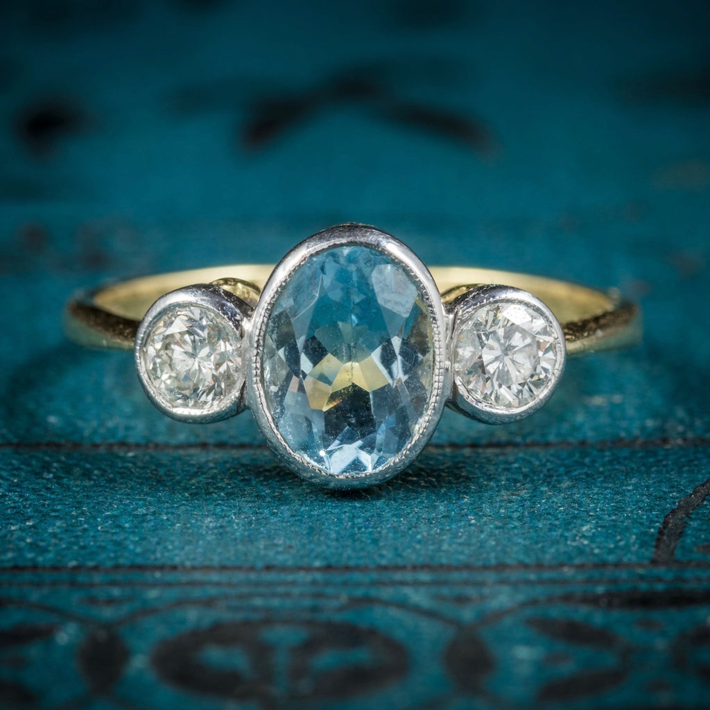 Antique Edwardian Aquamarine Trilogy Ring 18ct Gold Circa 1910