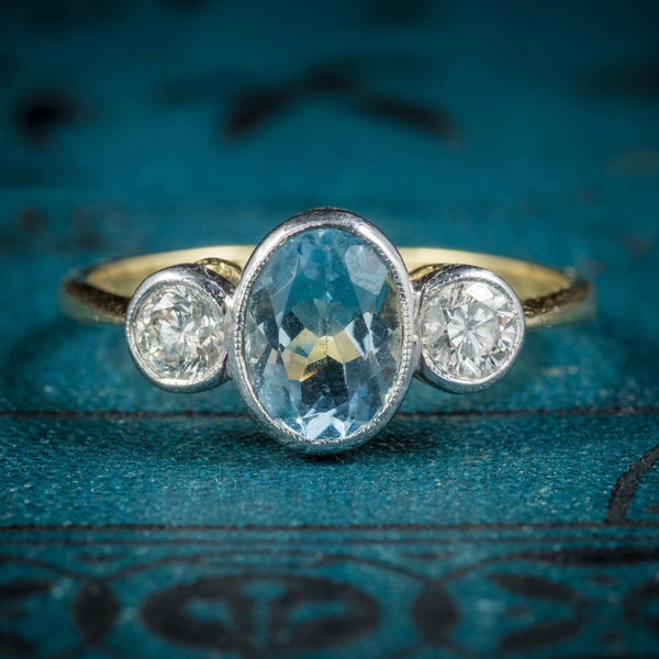 Antique Edwardian Aquamarine Trilogy Ring 18ct Gold Circa 1910 COVER